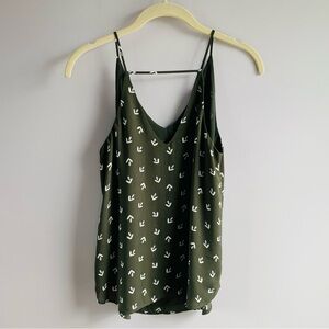 LOFT Top Olive Green White Strappy Racerback Geometric Arrow Flowy Petite XS